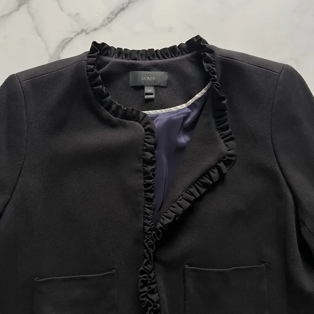 J.Crew Black Going Out Blazer with Ruffles Size 14 Cropped Preppy Chic Jacket